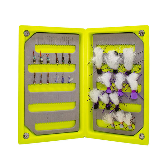 JHFLYCO Loaded Foam Fly Box – Hopper Dropper Assortment – Includes 50m 4X Fluoroflex Tippet