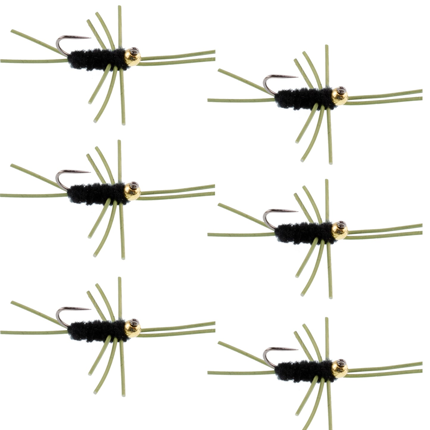 Barbless Pat's Rubber Legs Tungsten Bead Jigged Black Euro Nymph  - Set of 6 Flies Hook Size 10