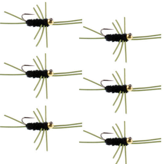 Barbless Pat's Rubber Legs Tungsten Bead Jigged Black Euro Nymph  - Set of 6 Flies Hook Size 10