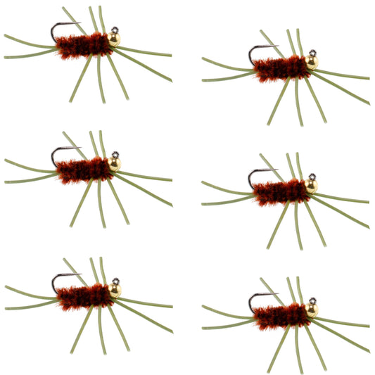 Barbless Pat's Rubber Legs Tungsten Bead Jigged Brown Euro Nymph  - Set of 6 Flies Hook Size 10