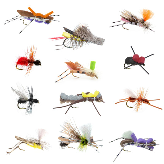 Trout Fly Assortment - Premium Terrestrial Flies - 12 Essential Hoppers, Ants and Beetles with Fly Box